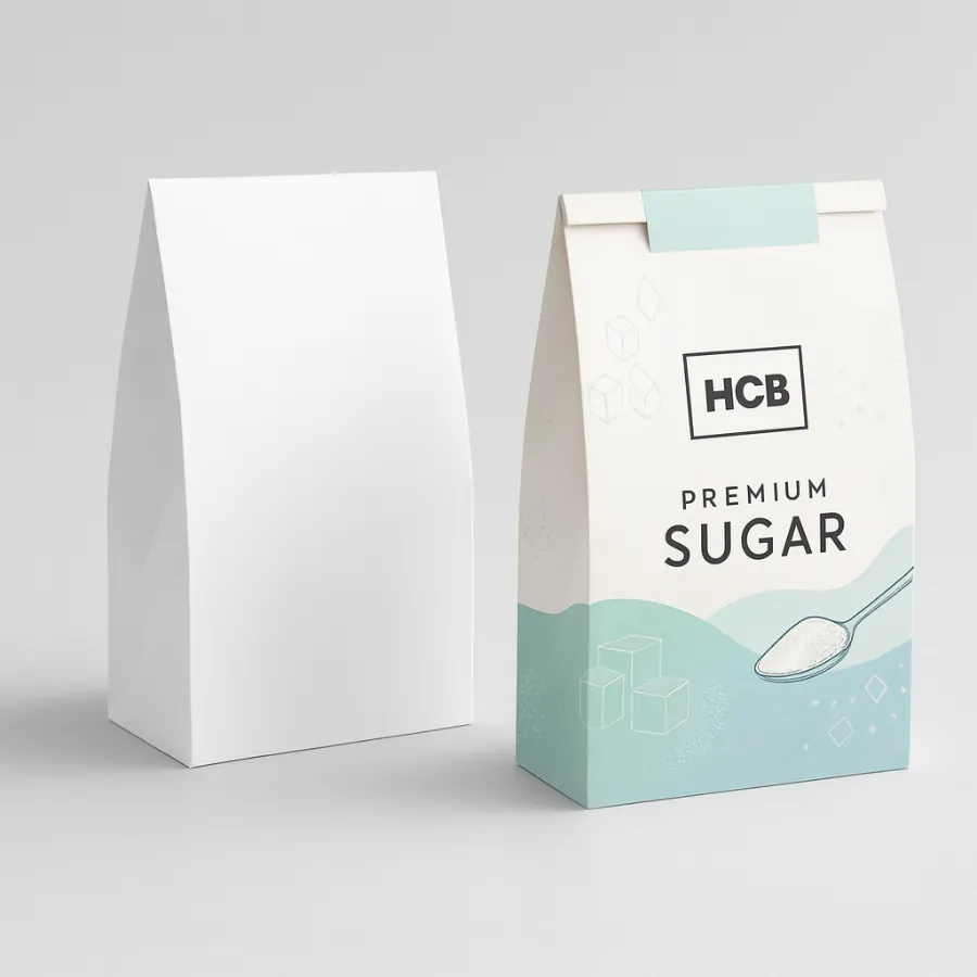 Custom printed sugar pouches- one plain white and one branded with a spoon and cubes- class=